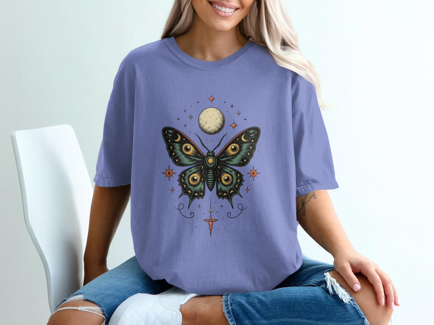 Lunar Moth with Moon Above Graphic Women T-Shirt - IconVexa
