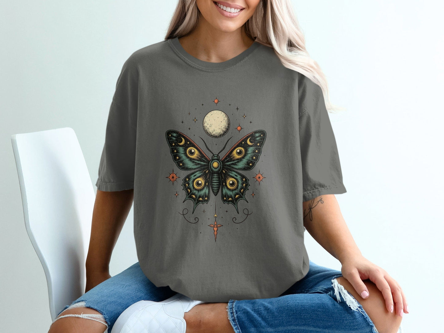 Lunar Moth with Moon Above Graphic Women T-Shirt - IconVexa