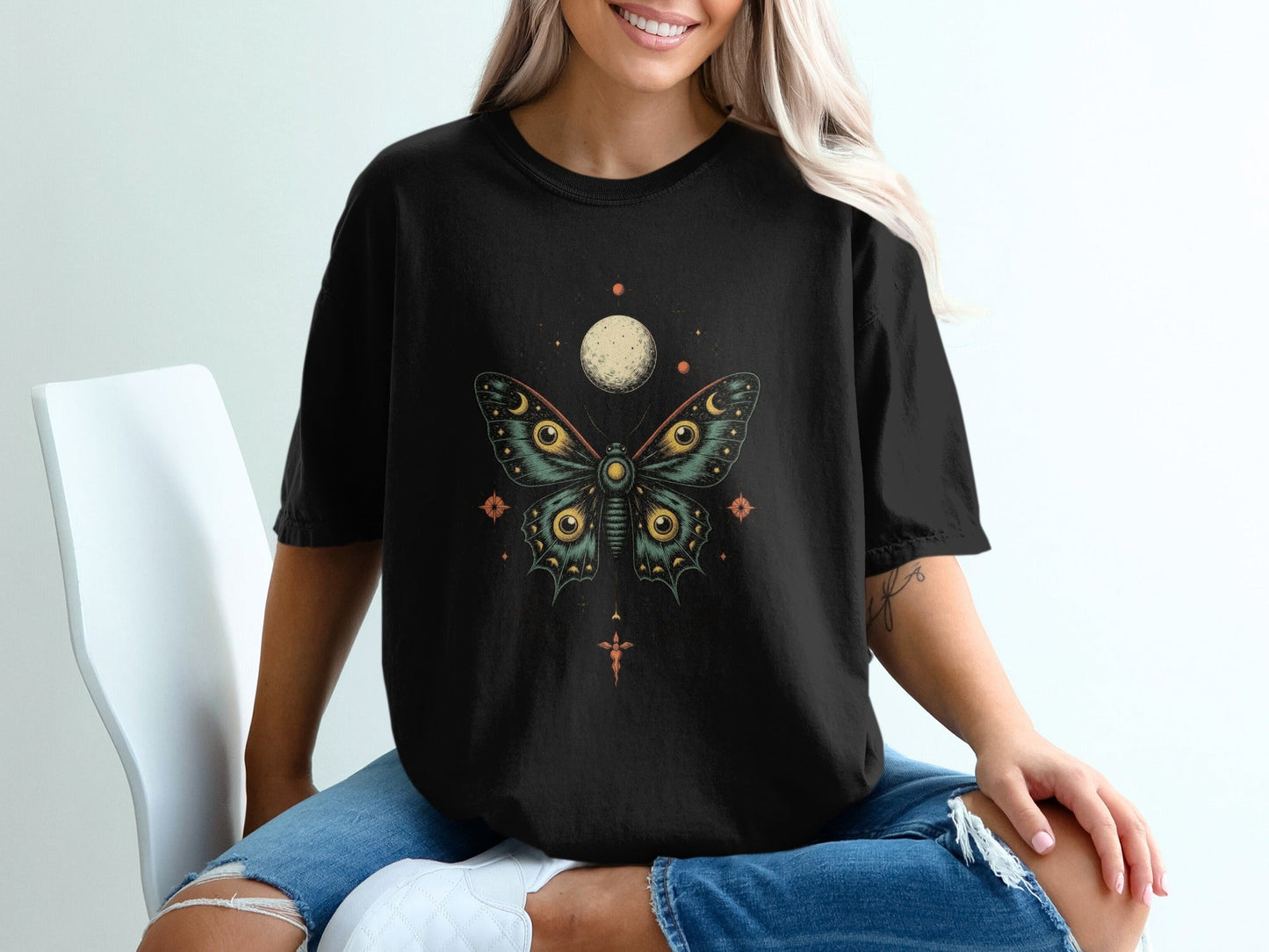 Lunar Moth with Moon Above Graphic Women T-Shirt - IconVexa