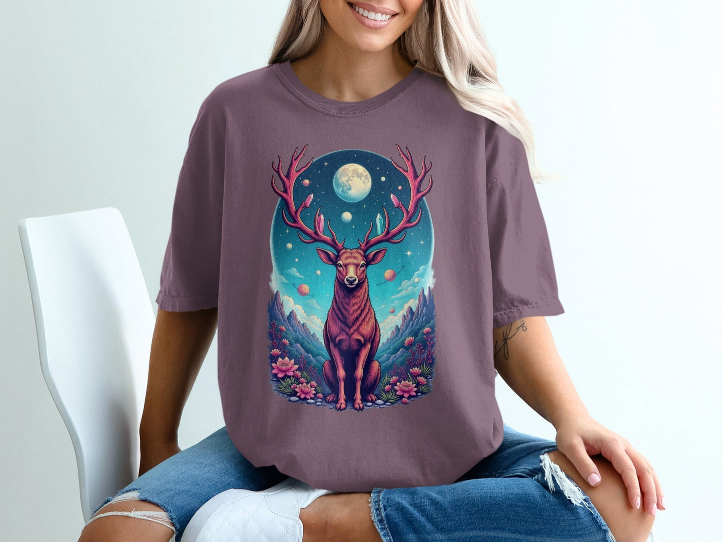 Majestic Deer In Space Artistic Graphic Design T-Shirt - IconVexa