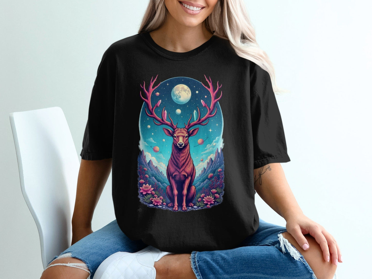 Majestic Deer In Space Artistic Graphic Design T-Shirt - IconVexa