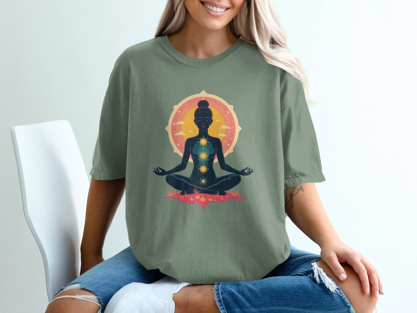 Meditating Woman Chakras Above All Graphic Design T-Shirt - IconVexa