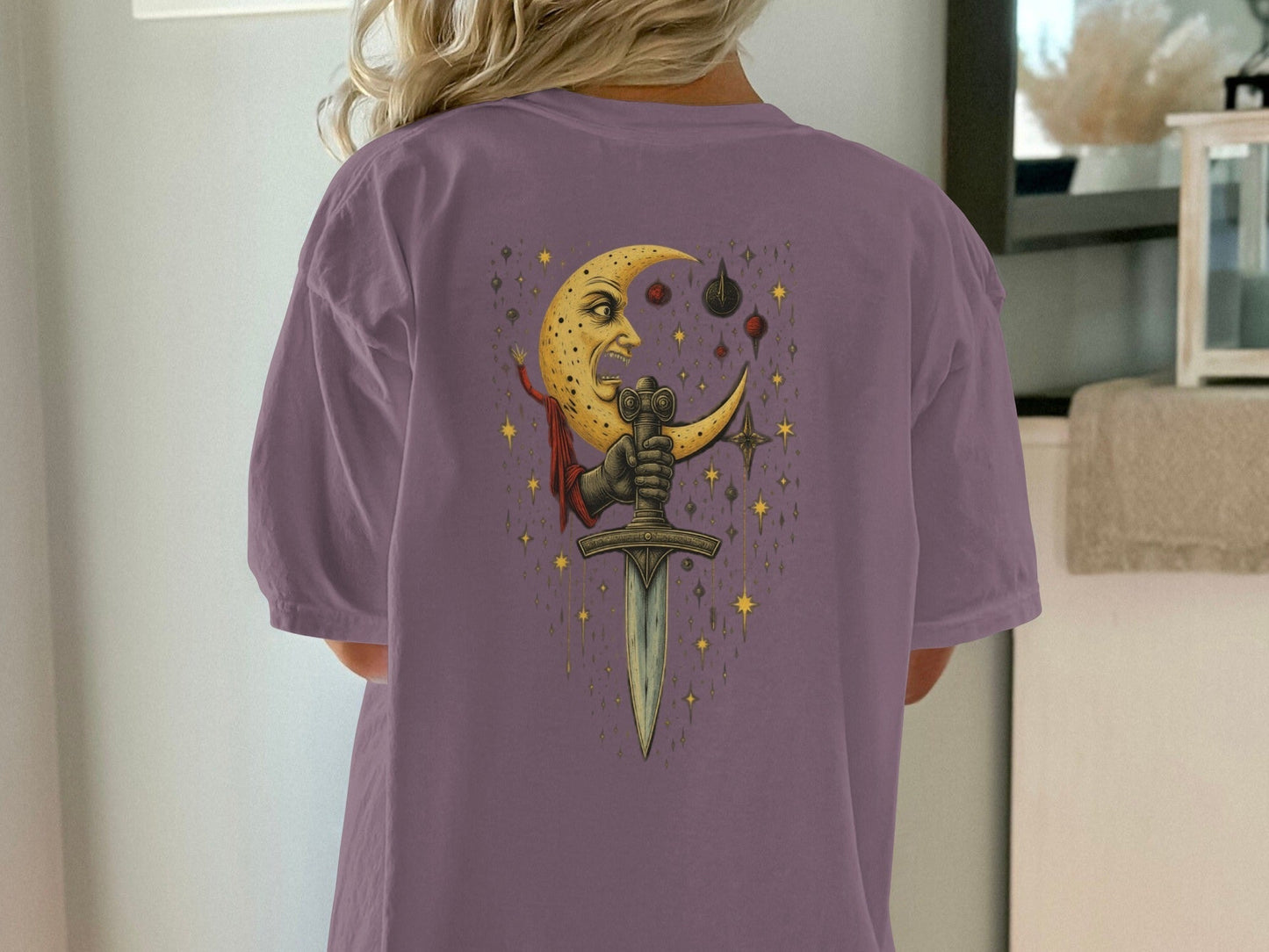 Moon Holding Sword Celestial Mystical Back Design T-Shirt - IconVexa