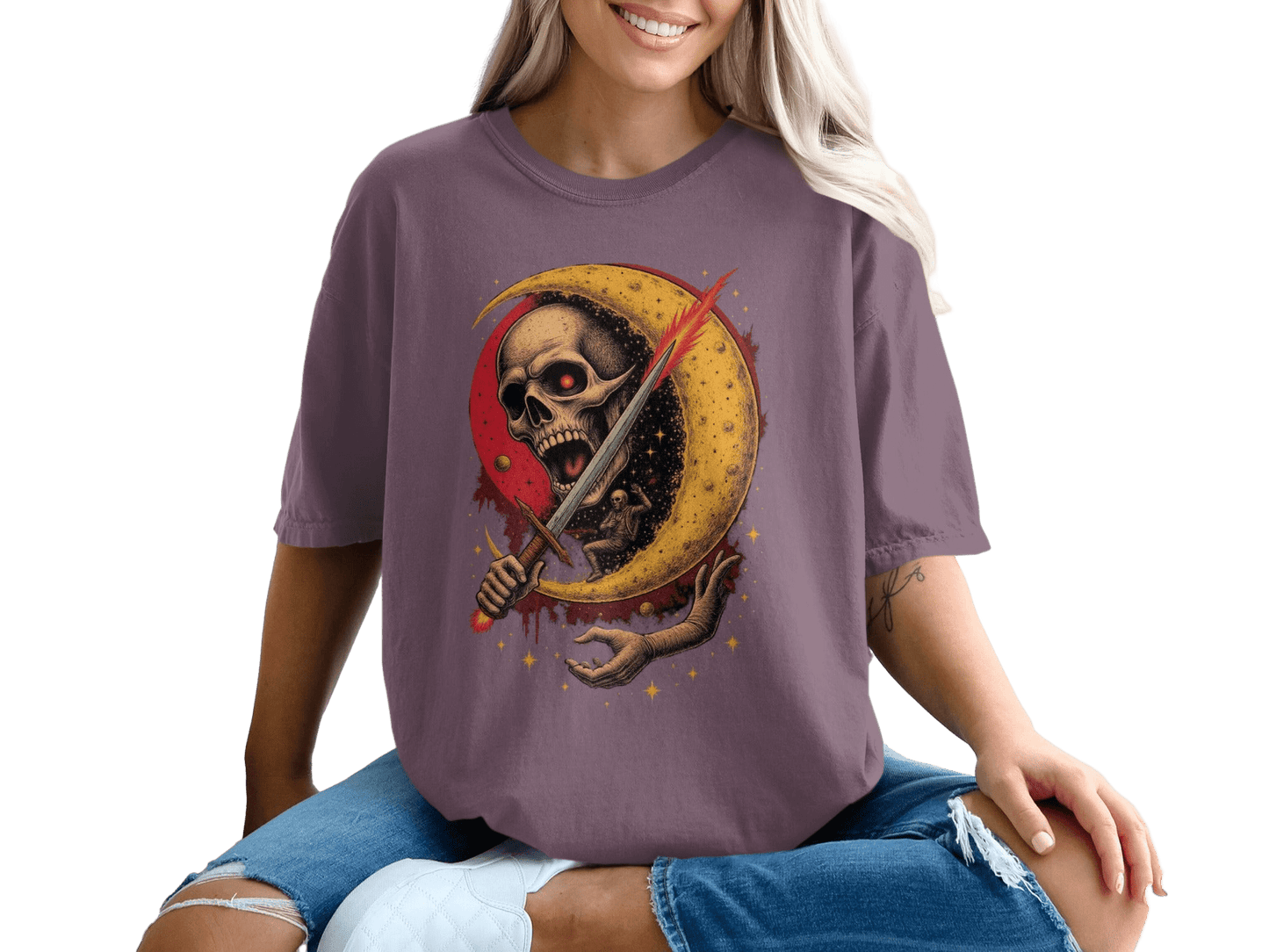 Moon Skeleton Hand Sword Artistic Graphic Design T-Shirt - IconVexa