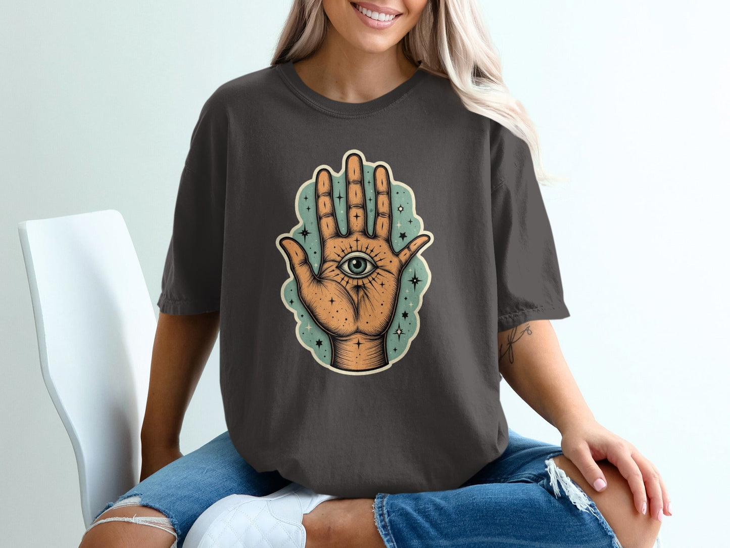 Mystic Hand With Eye Celestial Graphic Design T-Shirt - IconVexa
