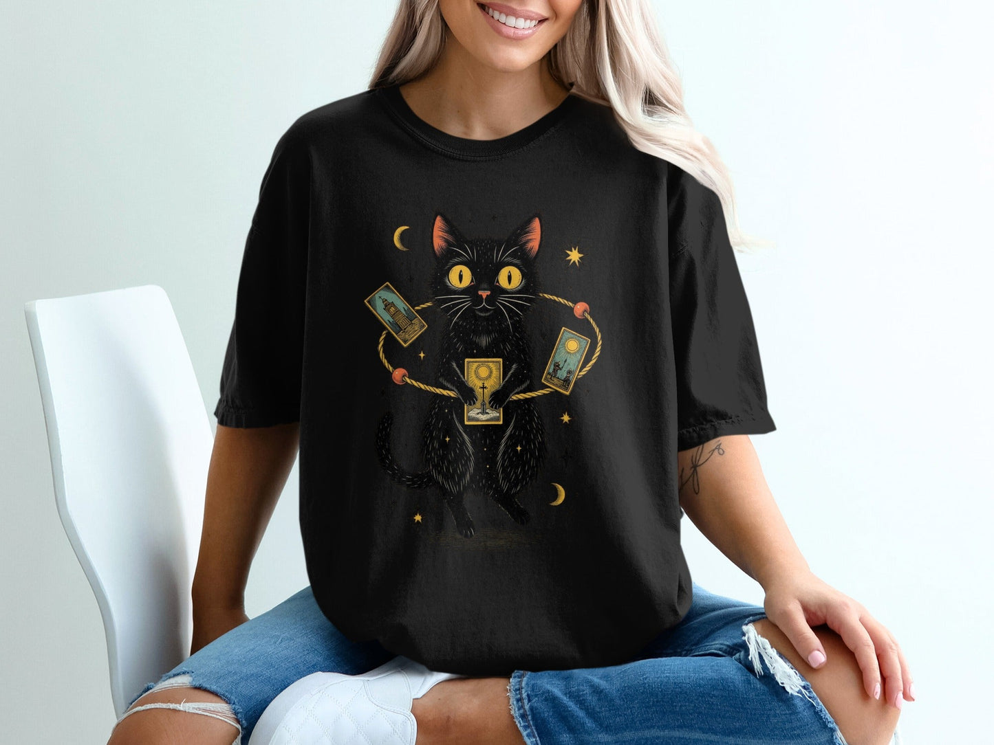 Mystical Cat with Tarot Cards Graphic Print T-Shirt - IconVexa
