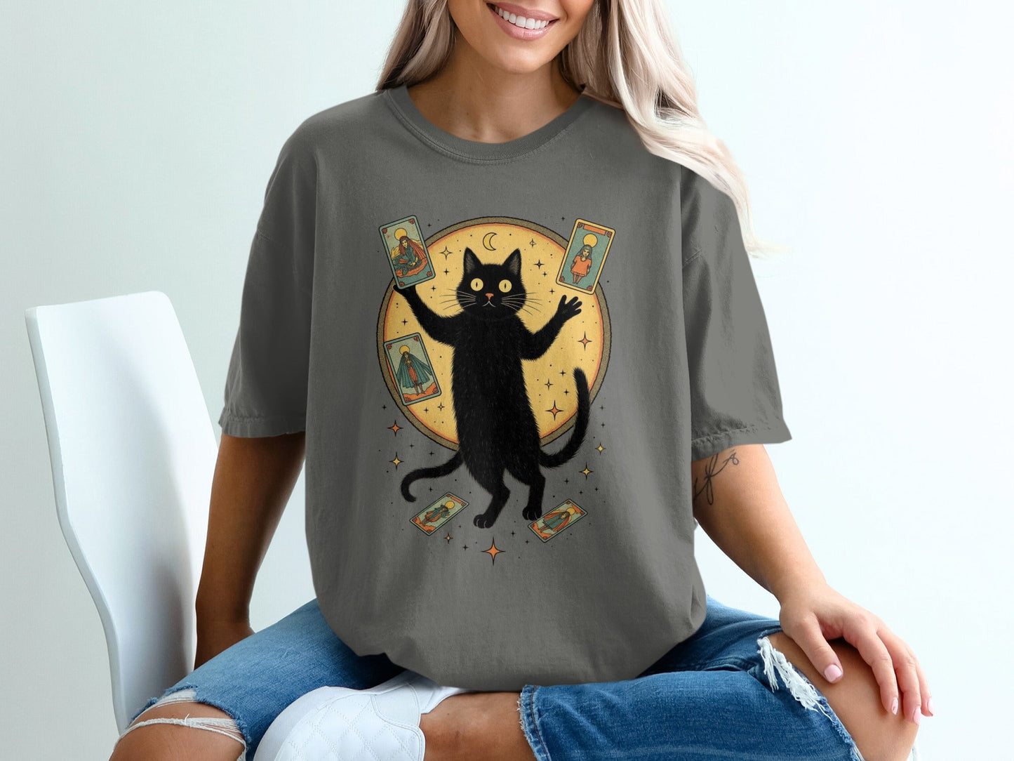 Mystical Feline Holding Tarot Cards Graphic Green T-Shirt - IconVexa