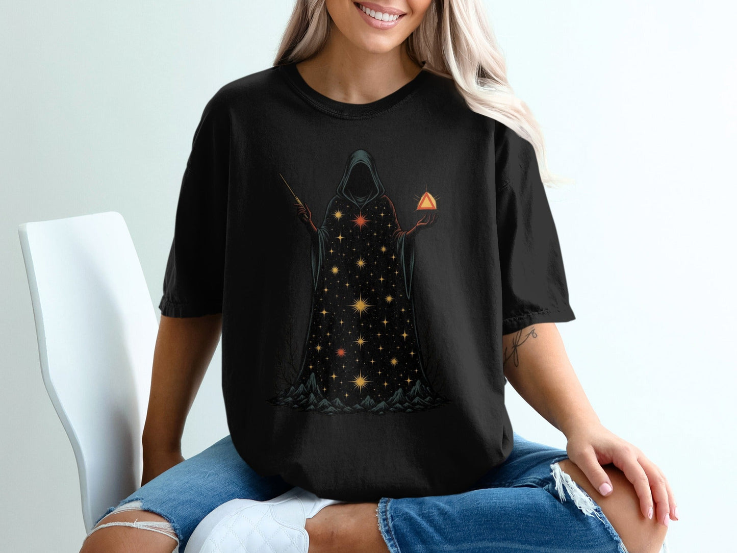 Mystical Wizard With Starry Robe Graphic Design T-Shirt - IconVexa