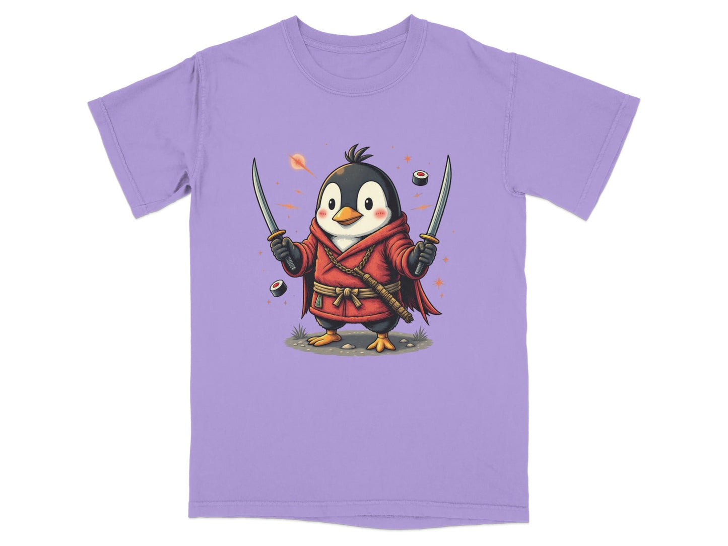 Ninja Penguin Samurai Duel Swords Action Cute Graphic T-Shirt - IconVexa