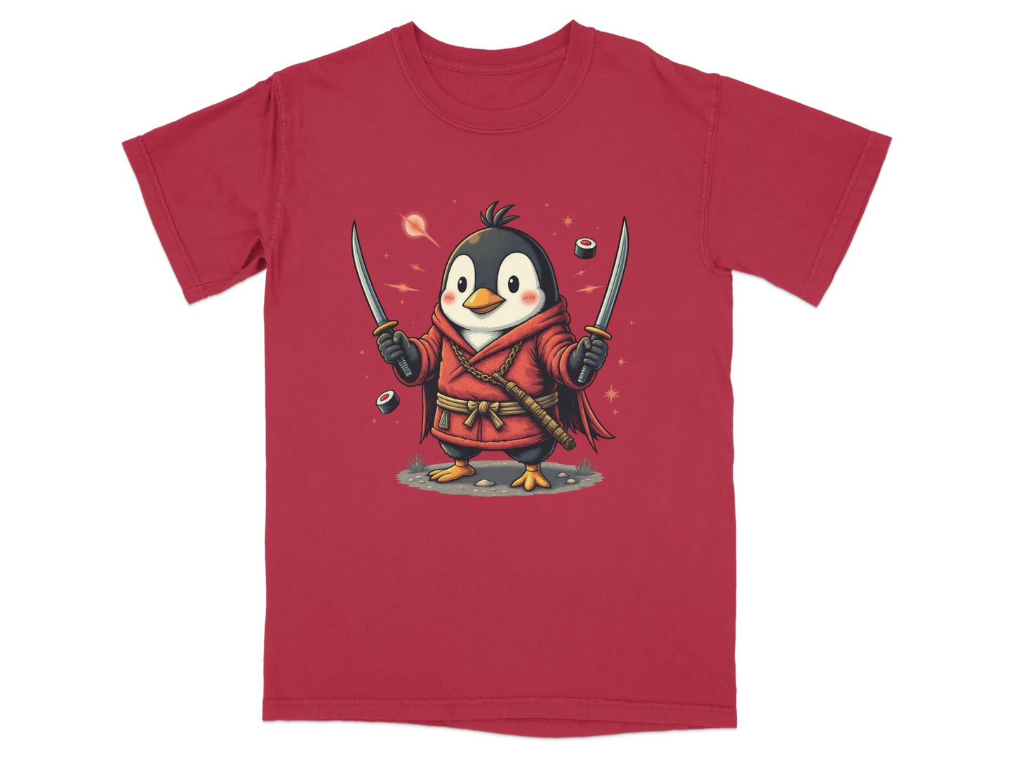 Ninja Penguin Samurai Duel Swords Action Cute Graphic T-Shirt - IconVexa
