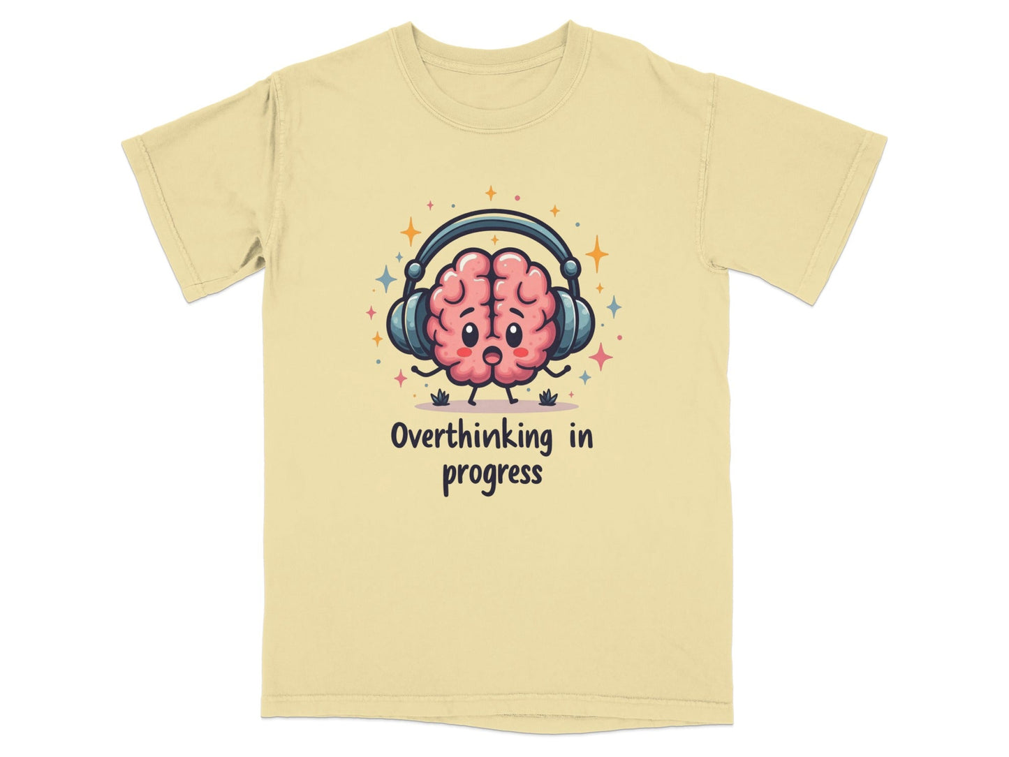 Overthinking in Progress Brain with Headphones Trendy Tee - Shirt - IconVexa