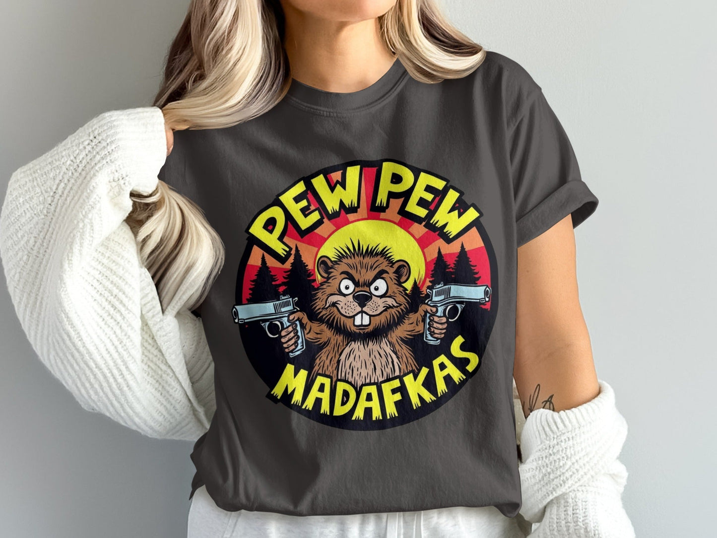Pew Pew Madafakas Beaver T-Shirt, Funny Animal Tee, Novelty Graphic T shirt, Cartoon Beaver Shirt, Meme T Shirt, Gift Idea - IconVexa
