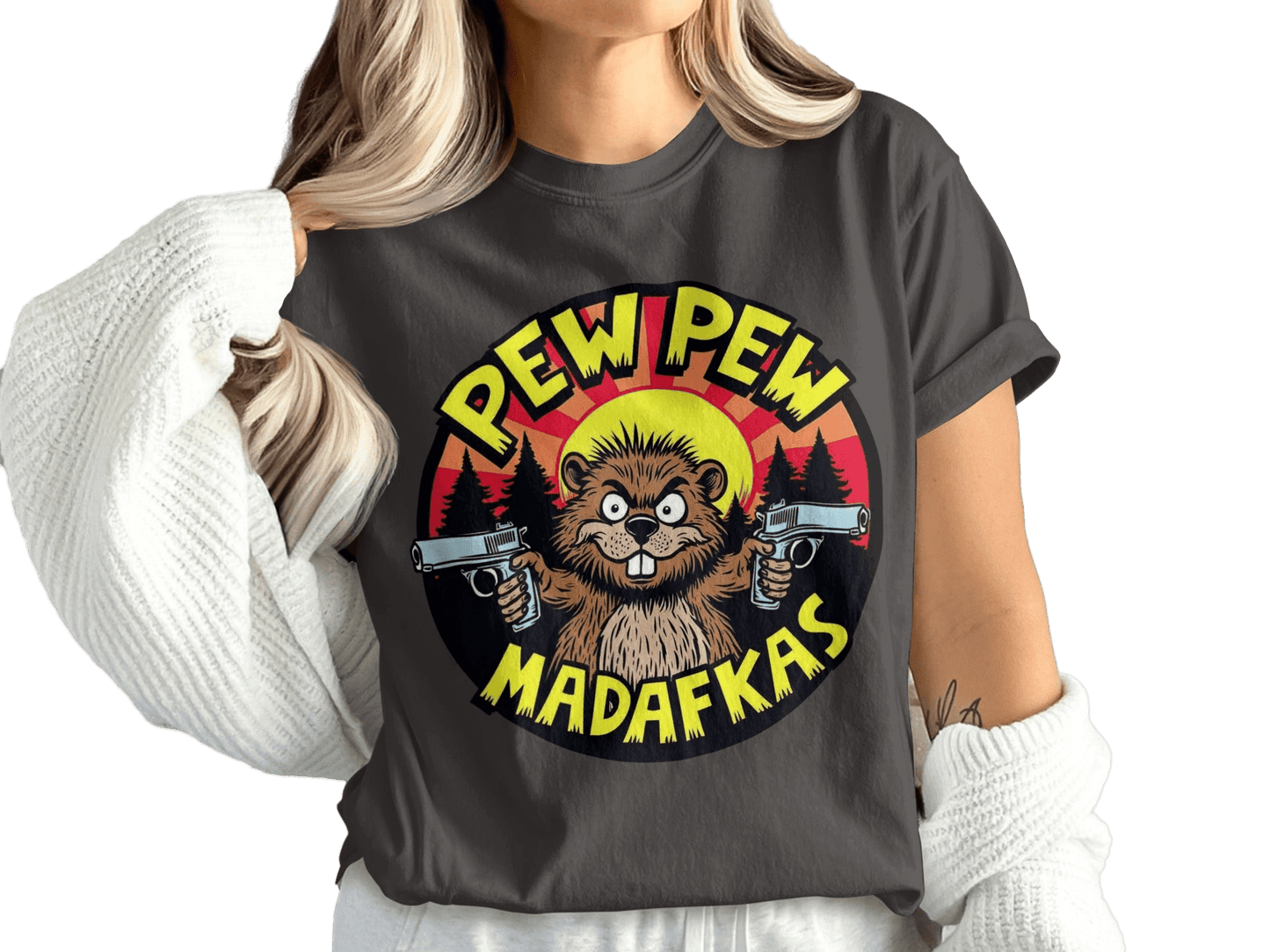 Pew Pew Madafakas Beaver T-Shirt, Funny Animal Tee, Novelty Graphic T shirt, Cartoon Beaver Shirt, Meme T Shirt, Gift Idea - IconVexa