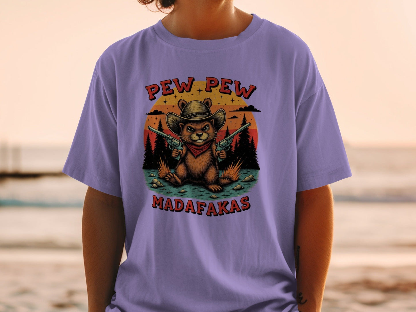 Pew Pew Madafakas T-Shirt, Funny Beaver Tee, Cowboy Animal Shirt, Unique Graphic T-Shirt, Western Style Tee Shirt, Gift Idea T Shirt - IconVexa