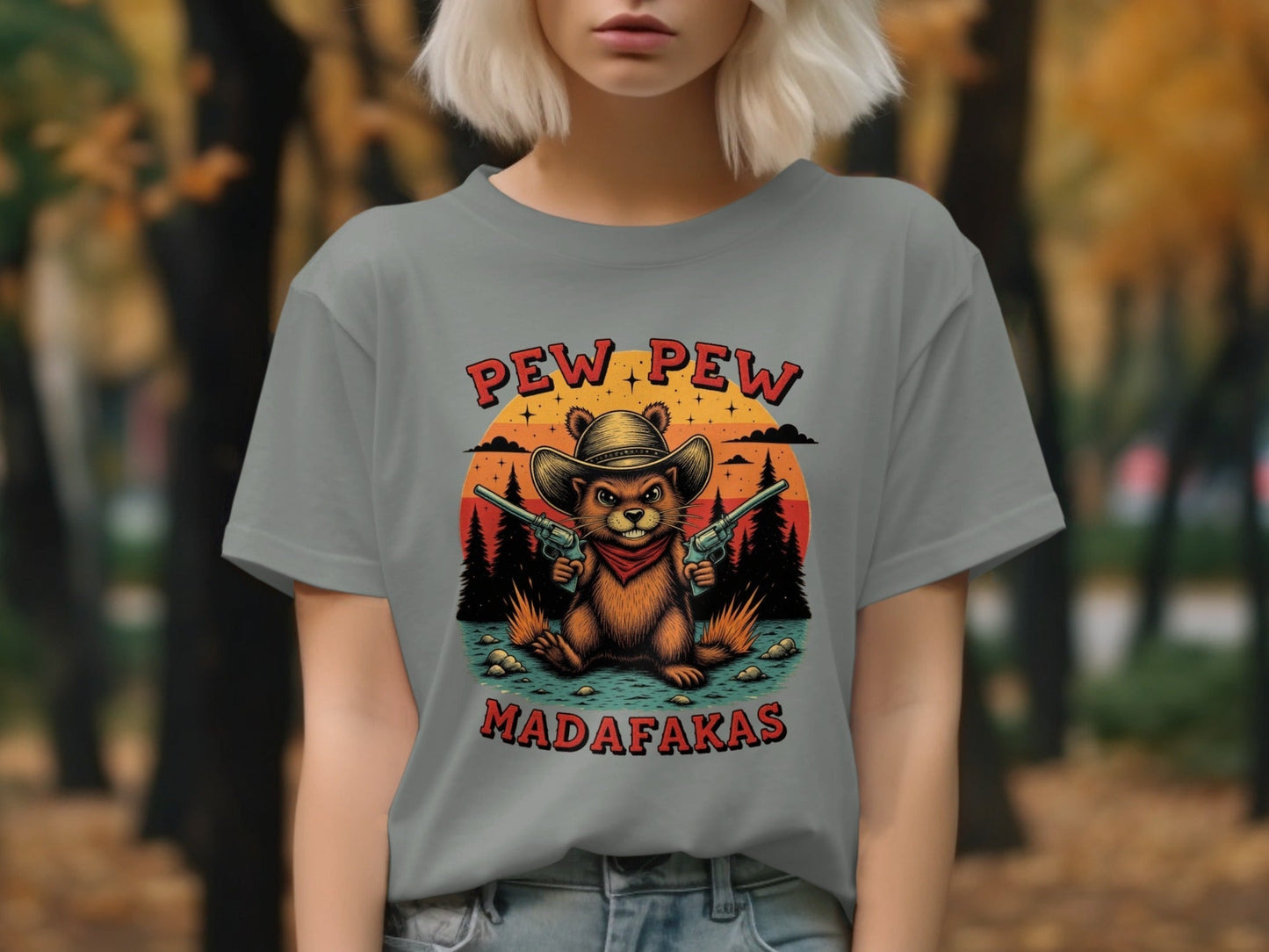 Pew Pew Madafakas T-Shirt, Funny Beaver Tee, Cowboy Animal Shirt, Unique Graphic T-Shirt, Western Style Tee Shirt, Gift Idea T Shirt - IconVexa
