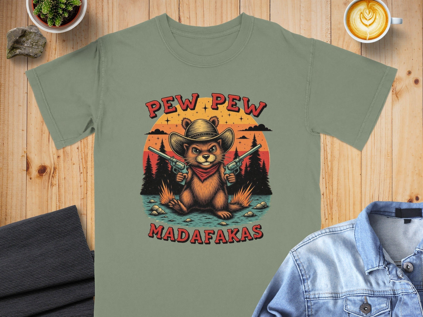 Pew Pew Madafakas T-Shirt, Funny Beaver Tee, Cowboy Animal Shirt, Unique Graphic T-Shirt, Western Style Tee Shirt, Gift Idea T Shirt - IconVexa