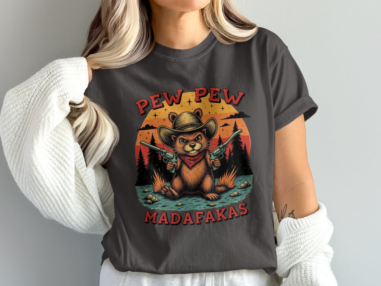 Pew Pew Madafakas T-Shirt, Funny Beaver Tee, Cowboy Animal Shirt, Unique Graphic T-Shirt, Western Style Tee Shirt, Gift Idea T Shirt - IconVexa