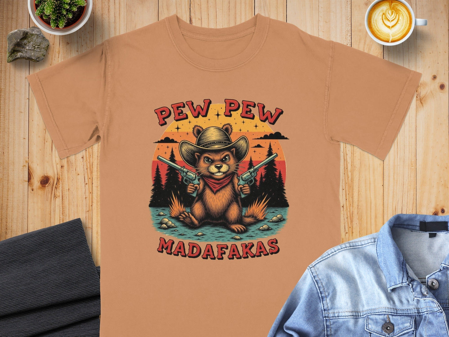 Pew Pew Madafakas T-Shirt, Funny Beaver Tee, Cowboy Animal Shirt, Unique Graphic T-Shirt, Western Style Tee Shirt, Gift Idea T Shirt - IconVexa