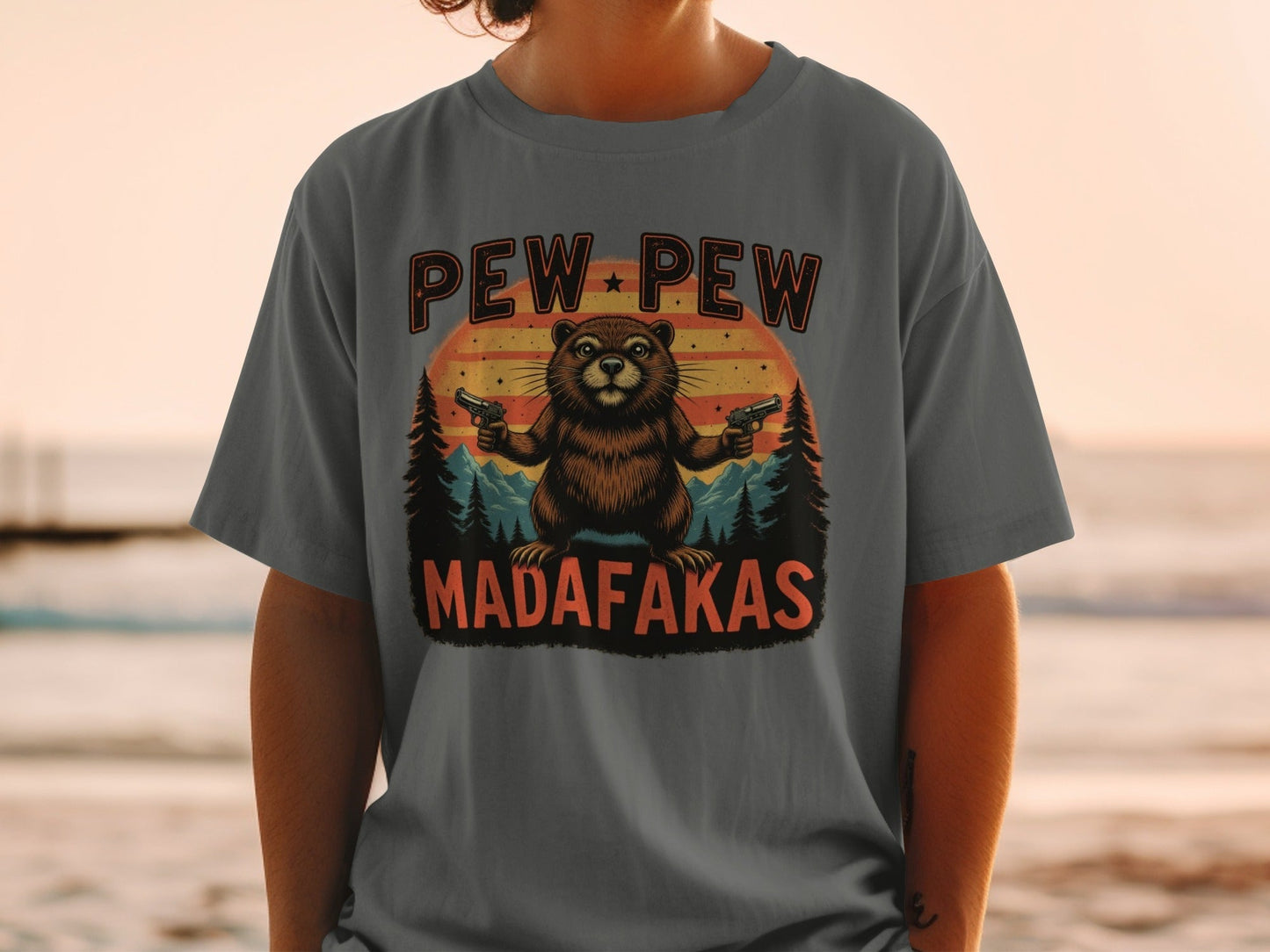 Pew Pew Madafakas T-Shirt, Funny Beaver Tee Shirt, Graphic Novelty Shirt, Trending Gift Shirt, Humor Tee, Animal Lover T-Shirt - IconVexa