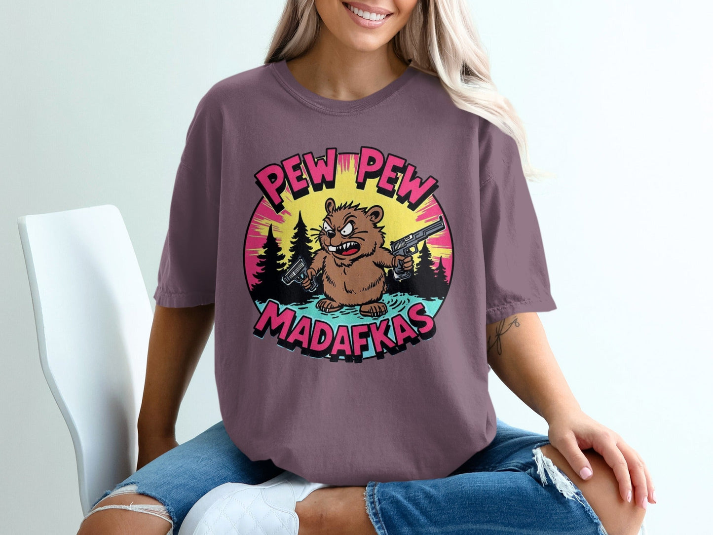 Pew Pew Madafkas Beaver T-Shirt, Funny Animal Tee, Cartoon Beaver, Gun Lover Shirt, Meme T-Shirt, Graphic Tee - IconVexa