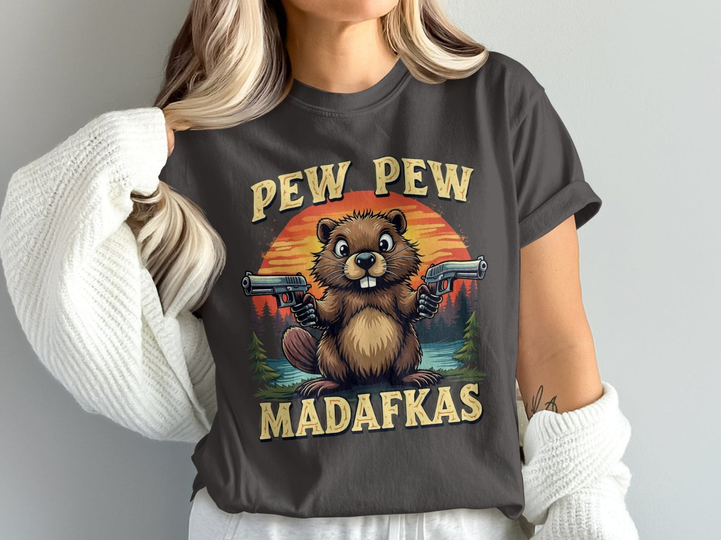 Pew Pew Madafkas Beaver T-Shirt, Funny Animal Tee, Gun Beaver Shirt, Wildlife Meme Tee, Beaver Lover Gift, Trending T-Shirt - IconVexa