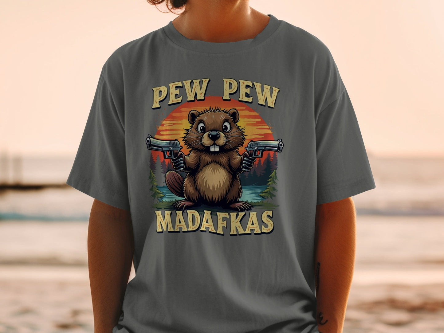 Pew Pew Madafkas Beaver T-Shirt, Funny Animal Tee, Gun Beaver Shirt, Wildlife Meme Tee, Beaver Lover Gift, Trending T-Shirt - IconVexa