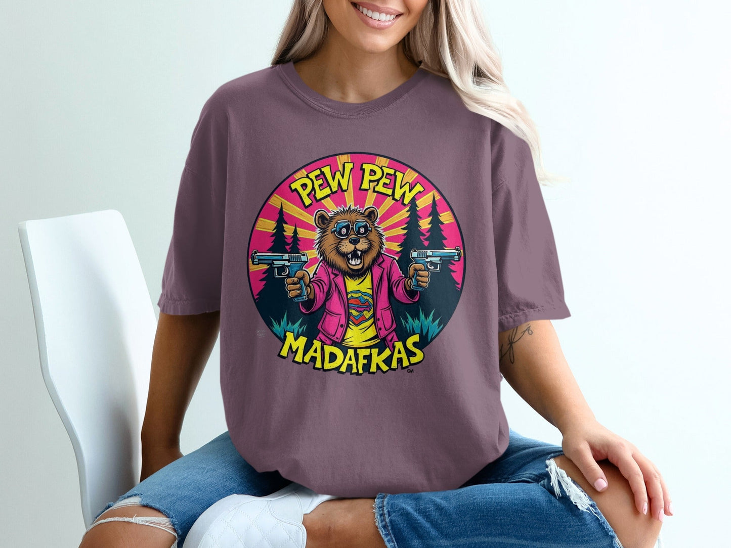 Pew Pew Madafkas T-Shirt, Funny Beaver with Guns Shirt, Novelty Animal Tee, Graphic Print T-Shirt, Cool Cartoon Beaver T Shirt, Gift Idea - IconVexa