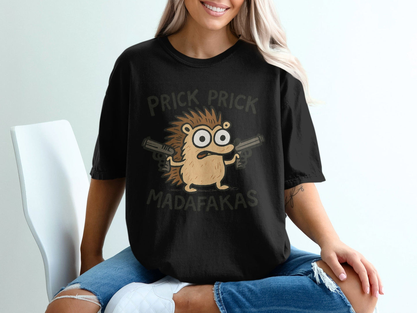 Prick Prick, Funny Hedgehog, Graphic T-Shirt, Animal T-Shirt, Offensive T-Shirt, Gift T-Shirt, Cartoon T-Shirt, Joke T-Shirt, Quirky T-Shirt - IconVexa