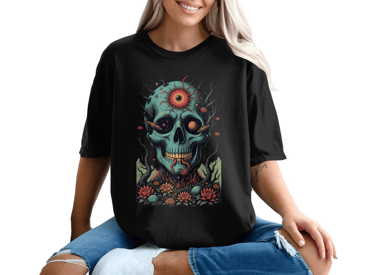 Psychedelic Floral Skull With Eye And Planets Graphic T-Shirt - IconVexa