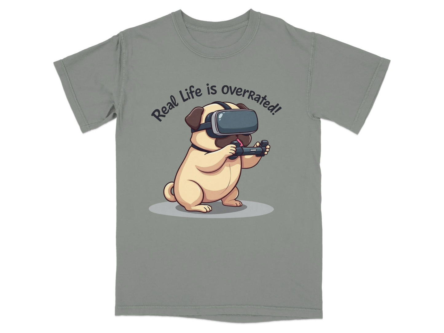 Real Life Is Overrated Pug In VR Headset Gaming T-Shirt - IconVexa