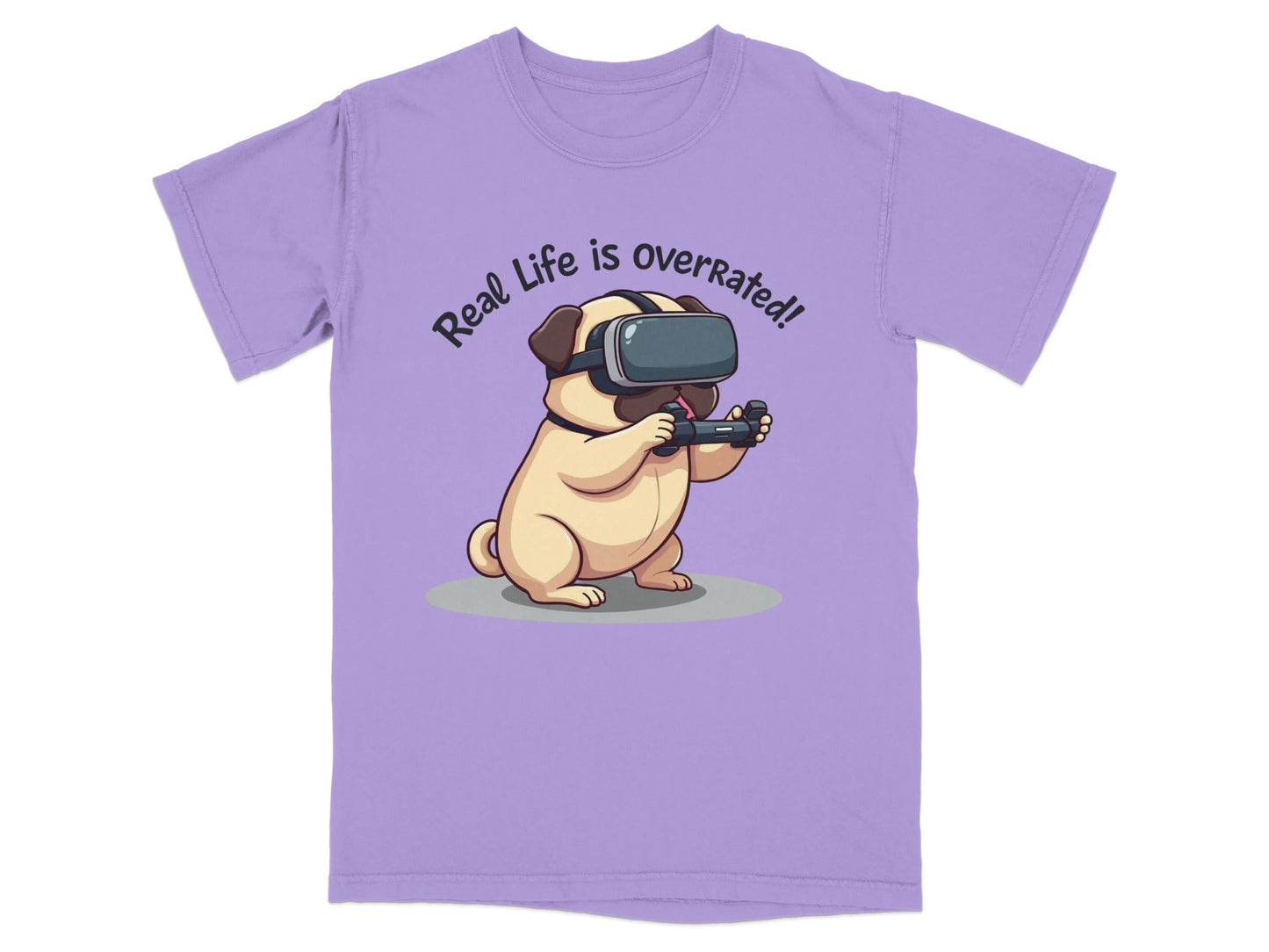 Real Life Is Overrated Pug In VR Headset Gaming T-Shirt - IconVexa