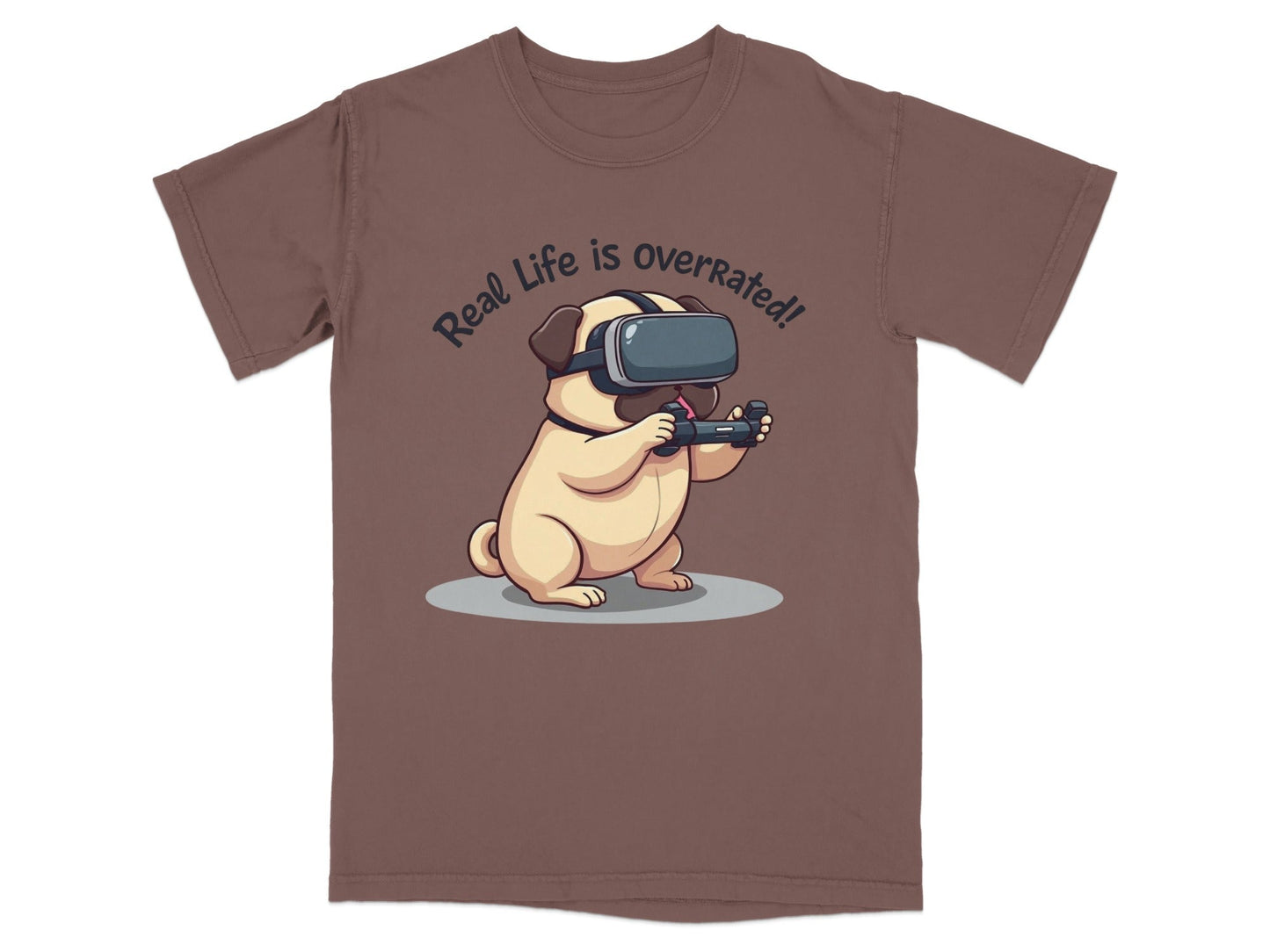 Real Life Is Overrated Pug In VR Headset Gaming T-Shirt - IconVexa