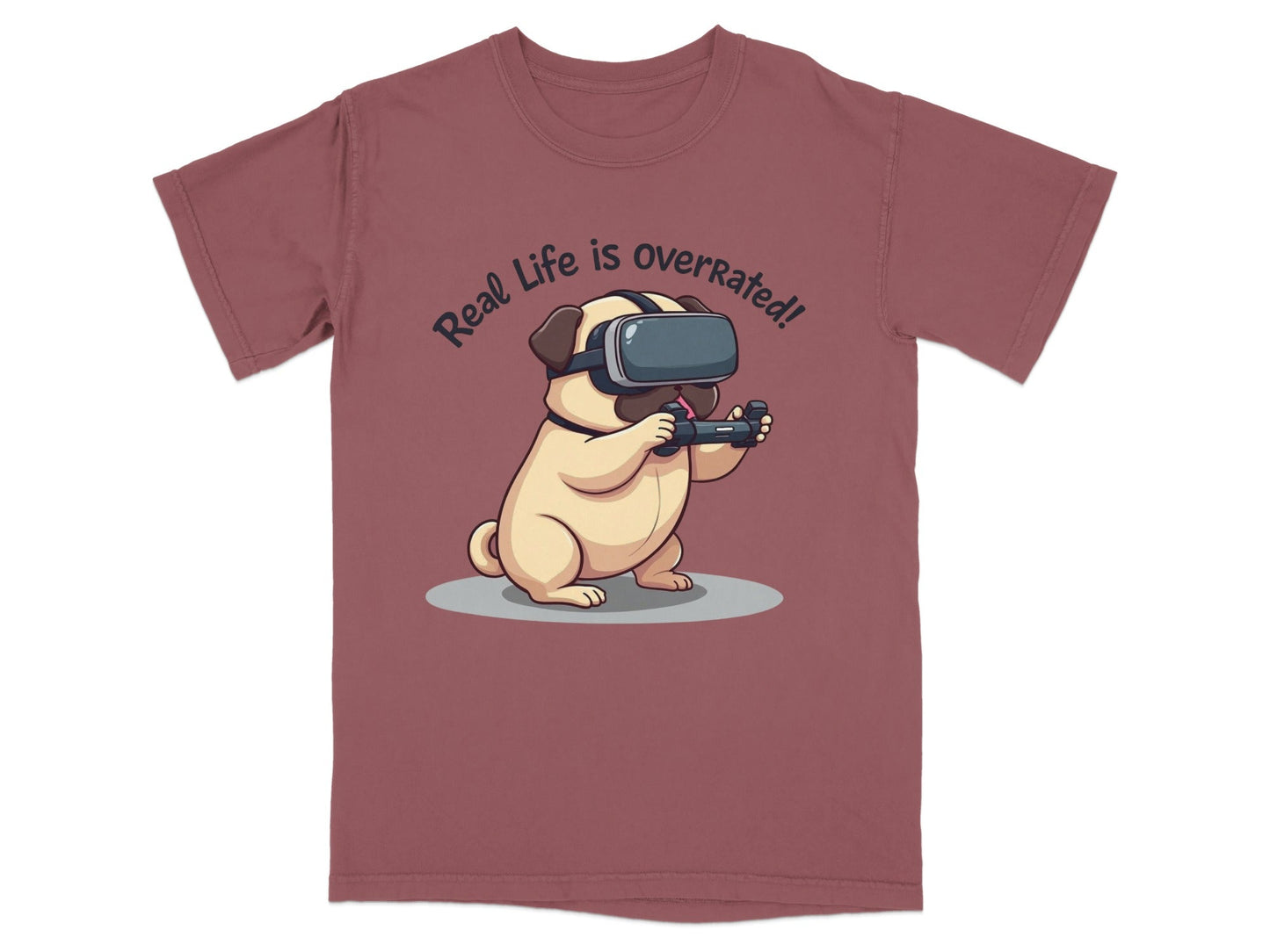 Real Life Is Overrated Pug In VR Headset Gaming T-Shirt - IconVexa