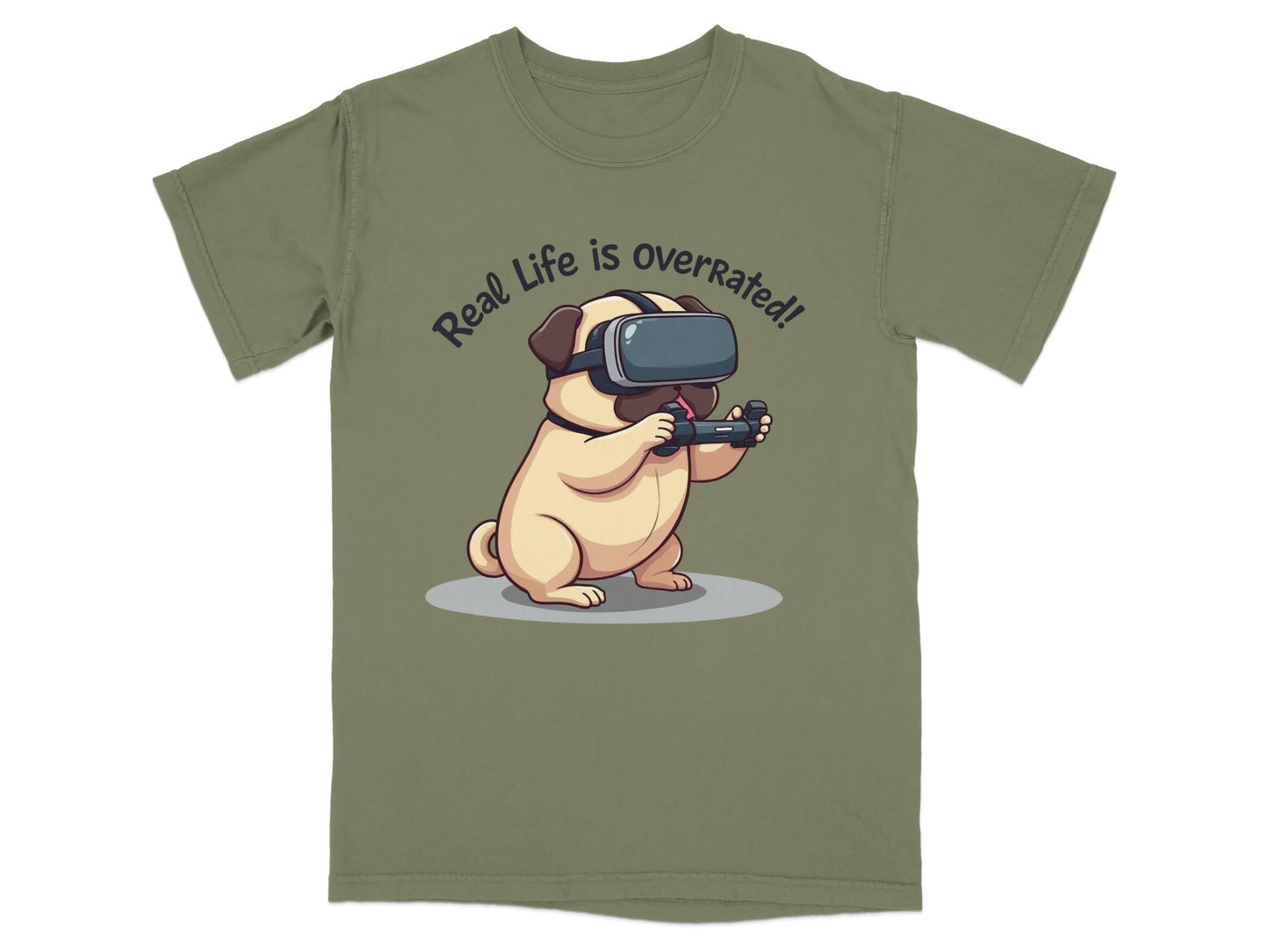Real Life Is Overrated Pug In VR Headset Gaming T-Shirt - IconVexa