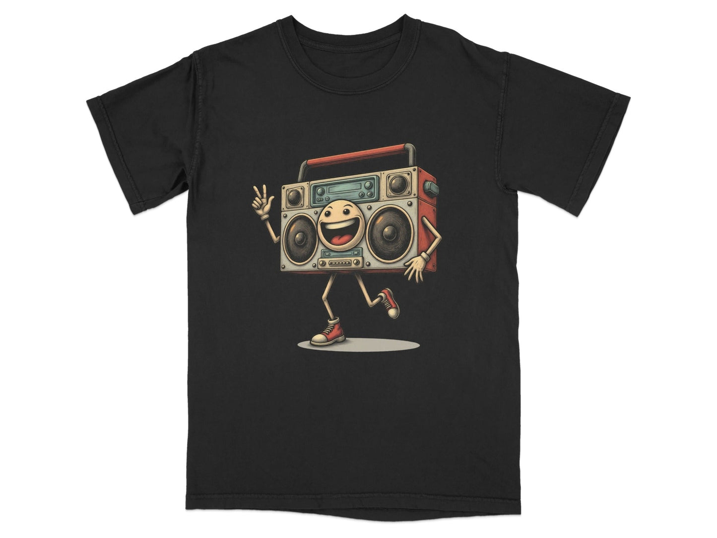 Funky Retro Boombox character graphic on a black T-shirt, perfect for music lovers and casual style.