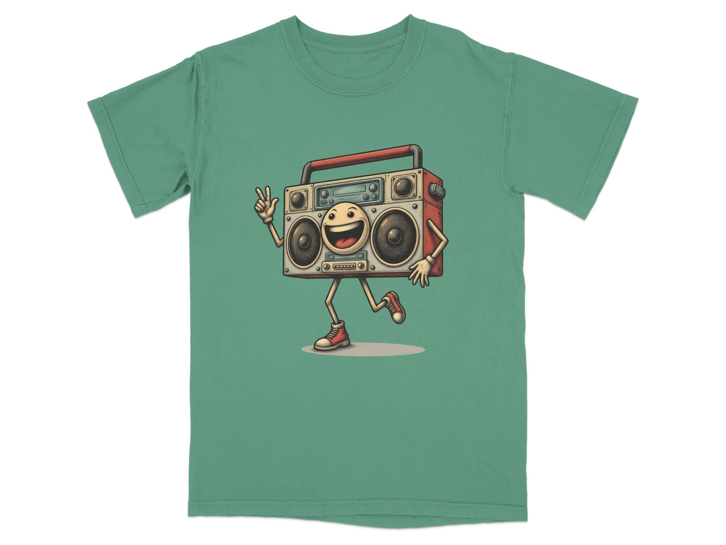 Retro Boombox T-Shirt featuring a playful boombox character in a fun design for music lovers.