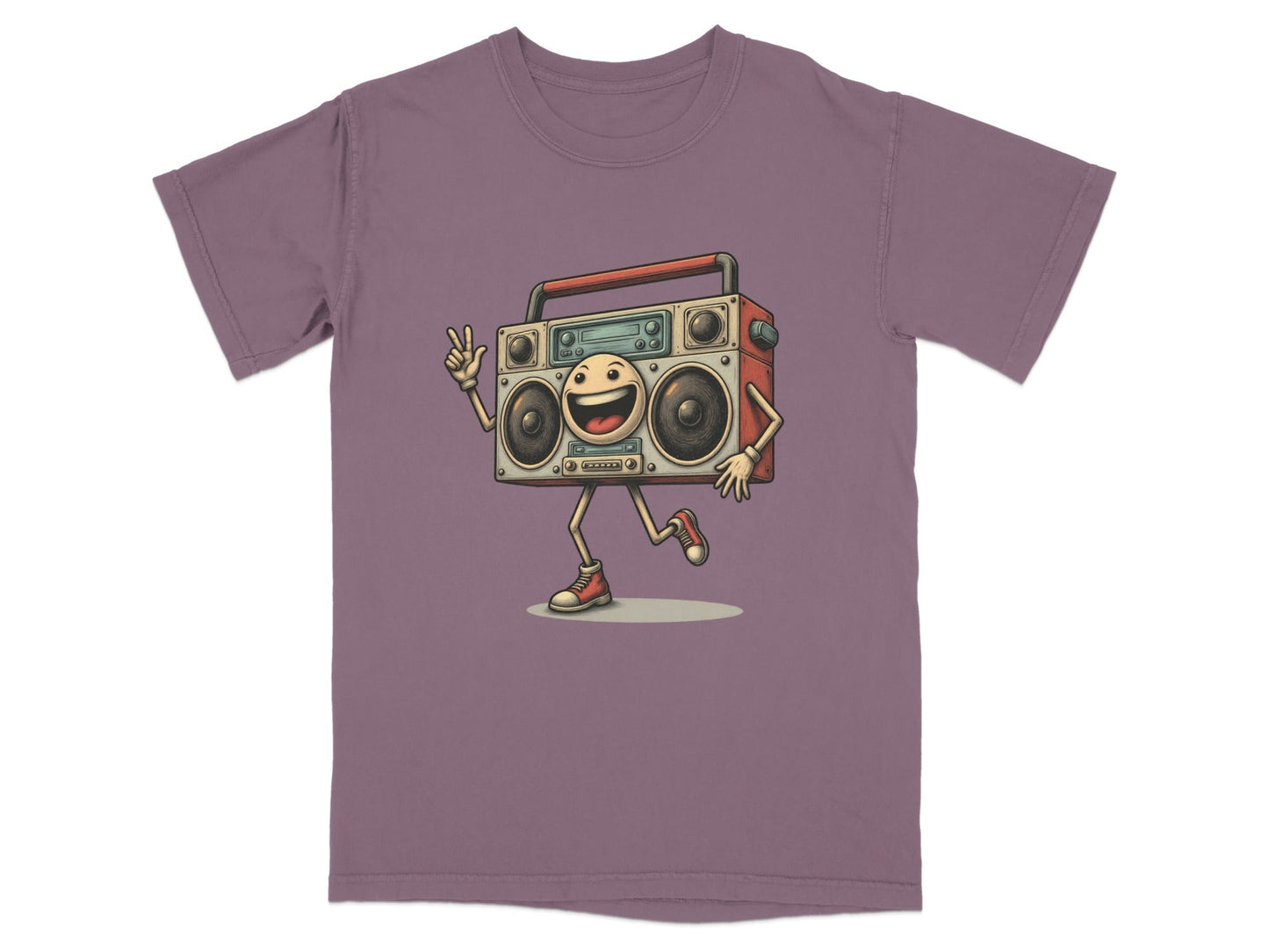 Graphic novelty T-shirt featuring a happy walking boombox character, perfect for music lovers.