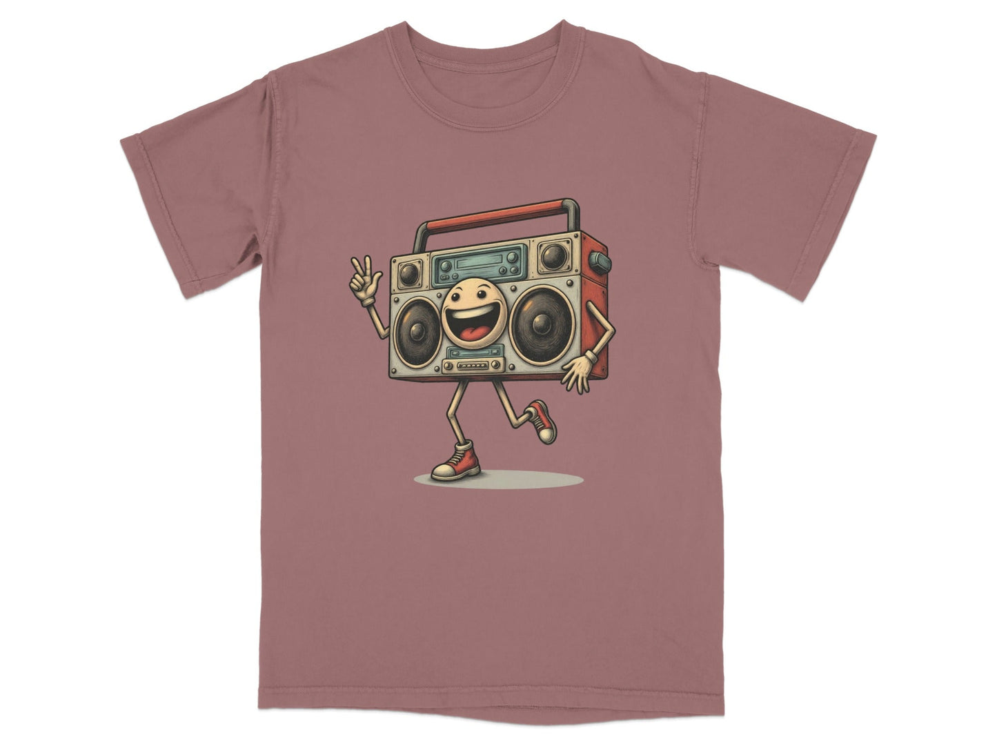 Retro Boombox character graphic tee for music lovers, featuring a fun design on a relaxed fit t-shirt.