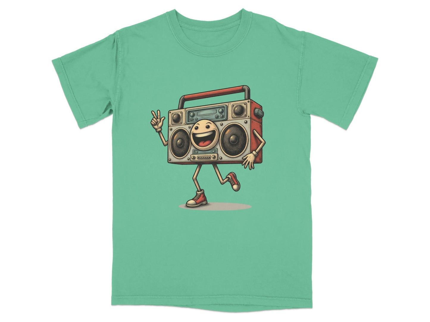 Retro boombox character t-shirt for music lovers, showcasing a fun design on a turquoise background.