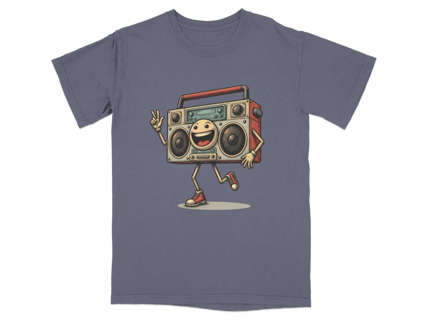 Retro boombox character t-shirt for music lovers, featuring a cheerful design in unisex fit.
