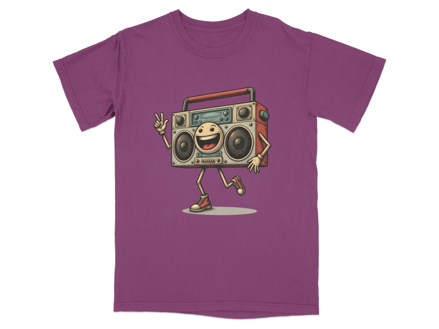 Retro Boombox character T-shirt illustration for music lovers in vibrant purple.