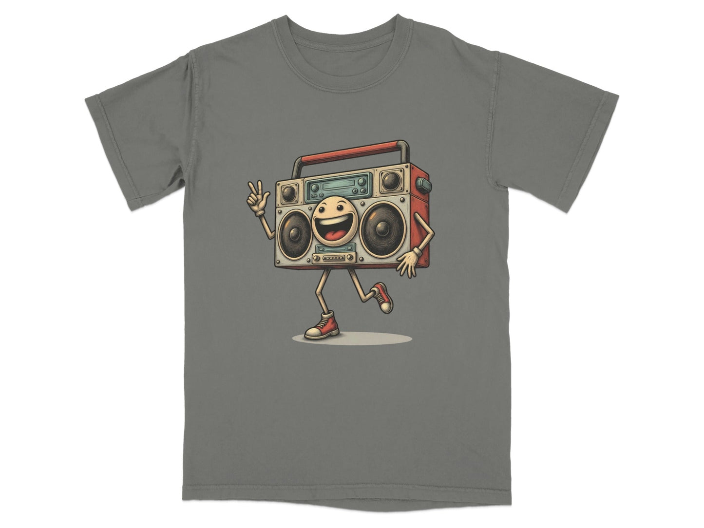 Retro boombox character graphic tee for music lovers, fun novelty T-Shirt design in relaxed fit.