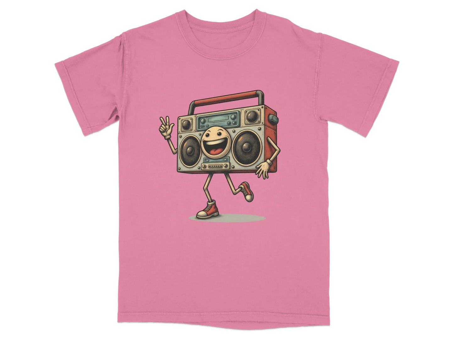 Pink Retro Boombox T-Shirt featuring a happy character with legs and arms, perfect for music lovers.