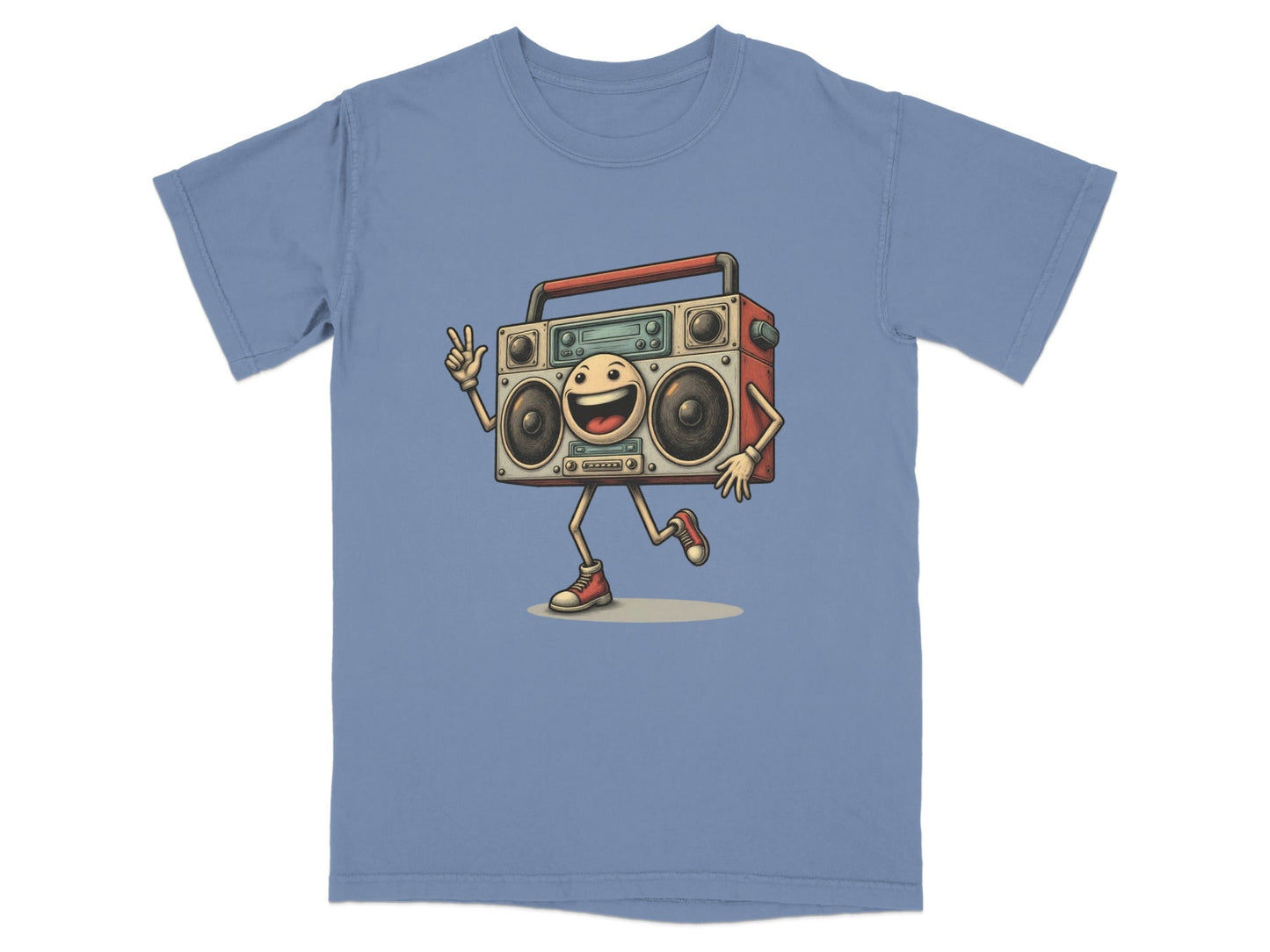 Retro boombox character graphic on a blue T-shirt, perfect for music lovers and unique fashion enthusiasts.