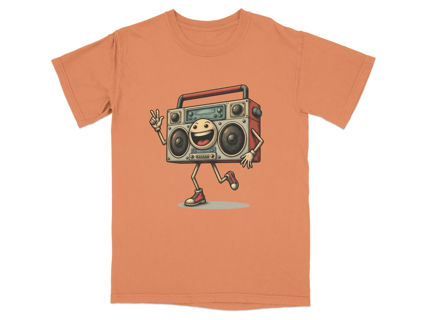 Retro boombox character graphic t-shirt designed for music lovers, featuring a fun and unique design.