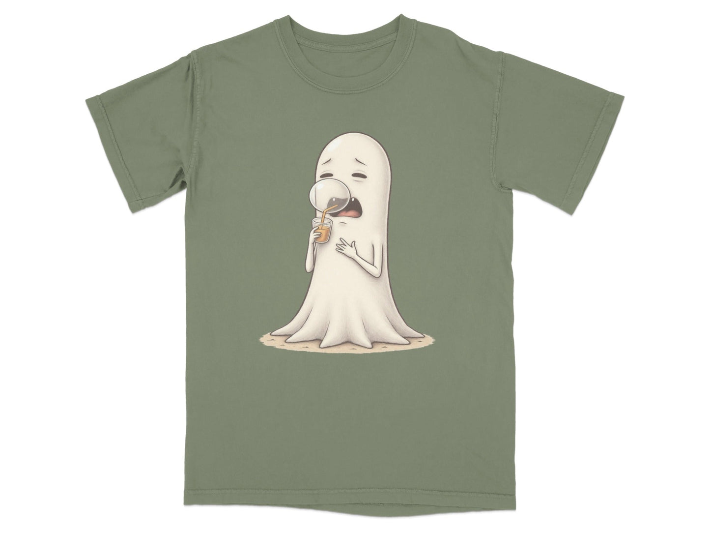 Sad Ghost Sipping Juice Through Bubble Funny T-Shirt - IconVexa