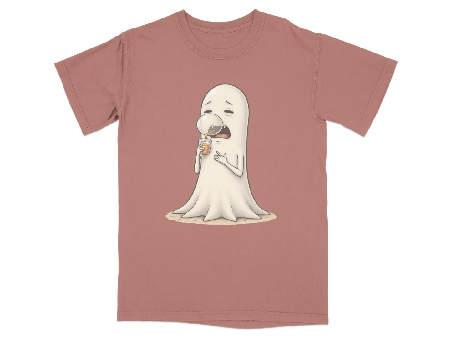 Sad Ghost Sipping Juice Through Bubble Funny T-Shirt - IconVexa