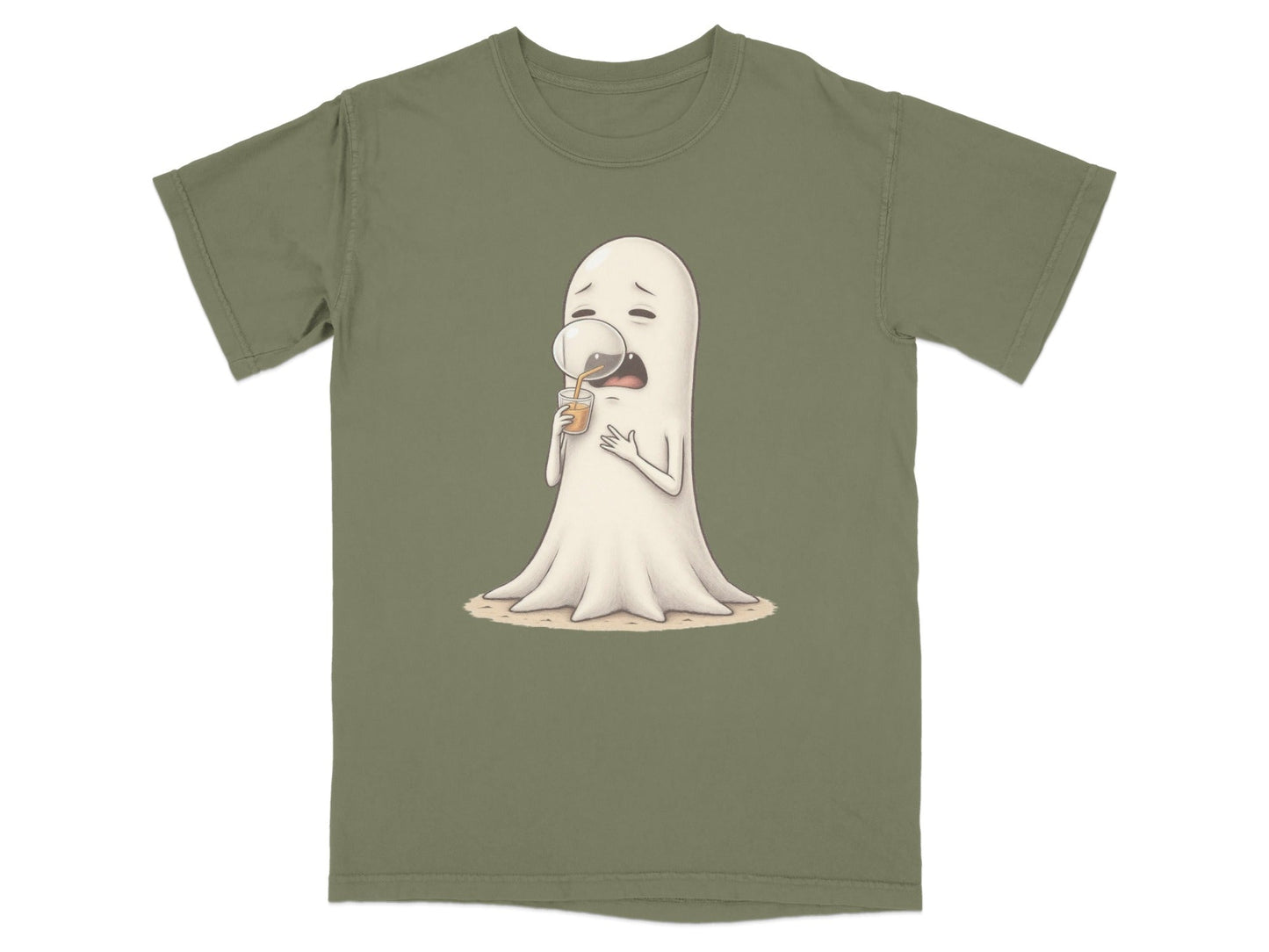 Sad Ghost Sipping Juice Through Bubble Funny T-Shirt - IconVexa