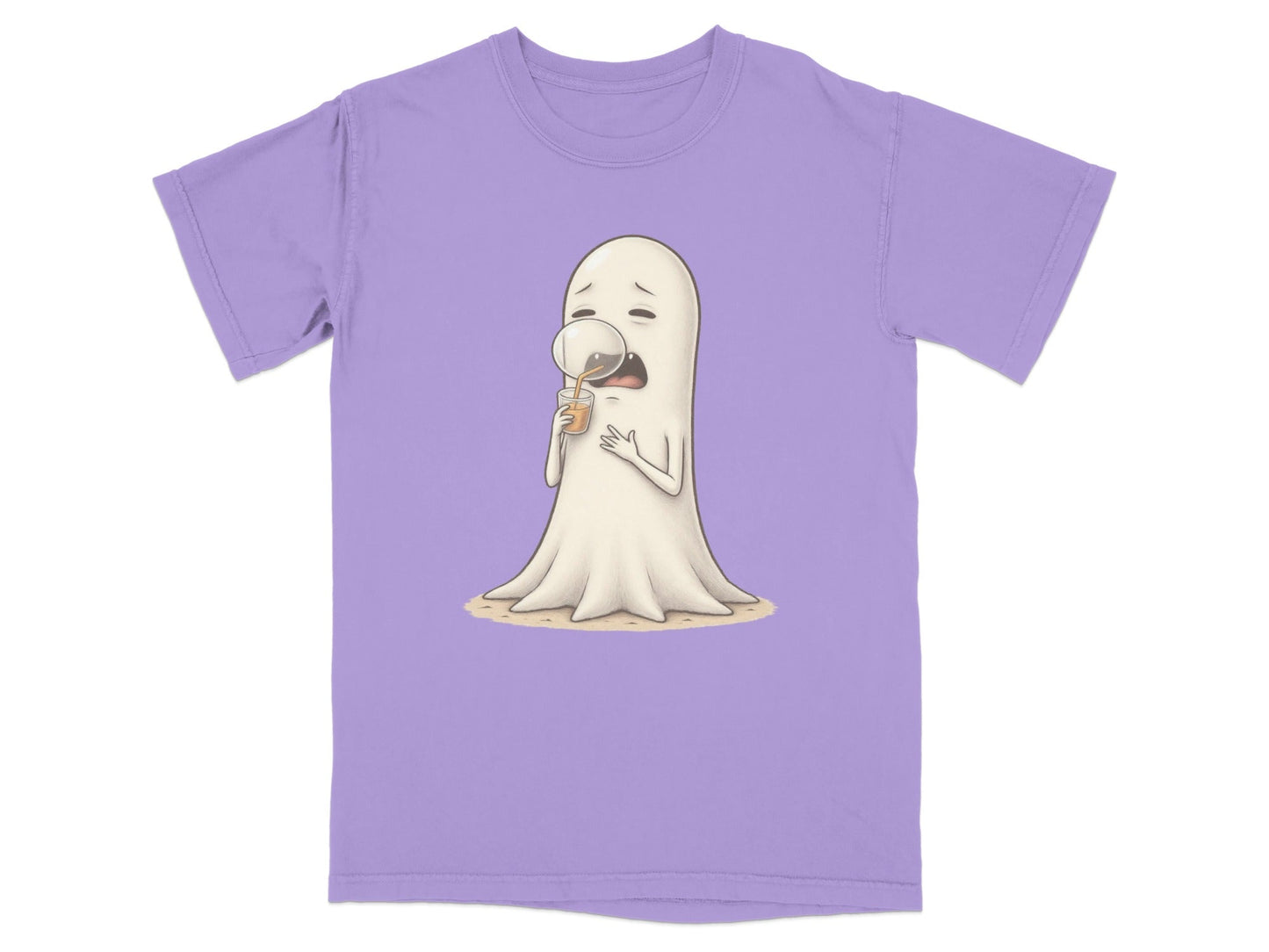 Sad Ghost Sipping Juice Through Bubble Funny T-Shirt - IconVexa