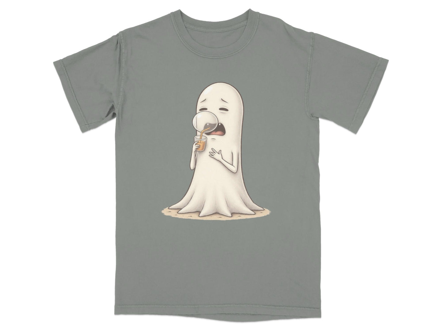 Sad Ghost Sipping Juice Through Bubble Funny T-Shirt - IconVexa